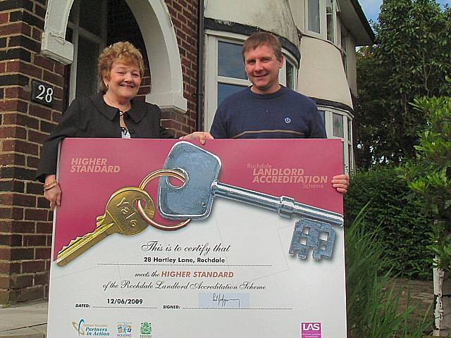 Councillor Doreen Brophy-Lee presenting Steven Mitchell with his certificate for becoming the 500th addition to the Landlord Accreditation Scheme.