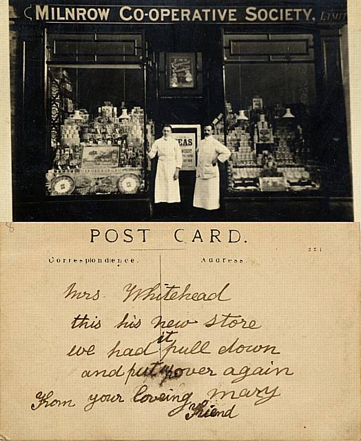 An early 20th century postcard showing the Milnrow Co-operative Society shop front.