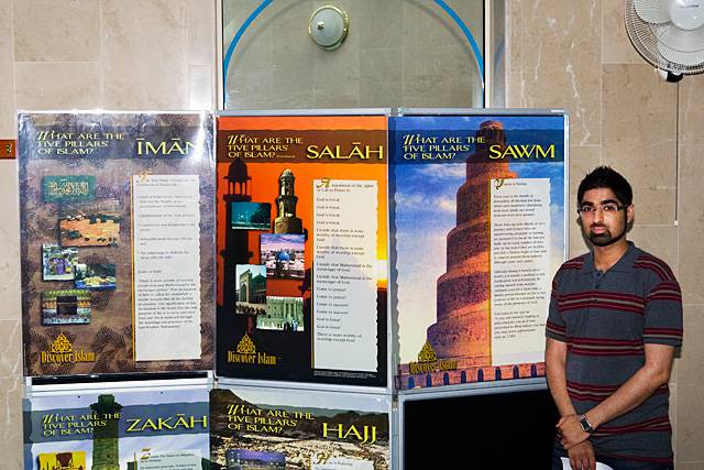 Neeli Mosque and Islamic Centre - Soban Bashir wtih a display explaining the five pillars of Islam