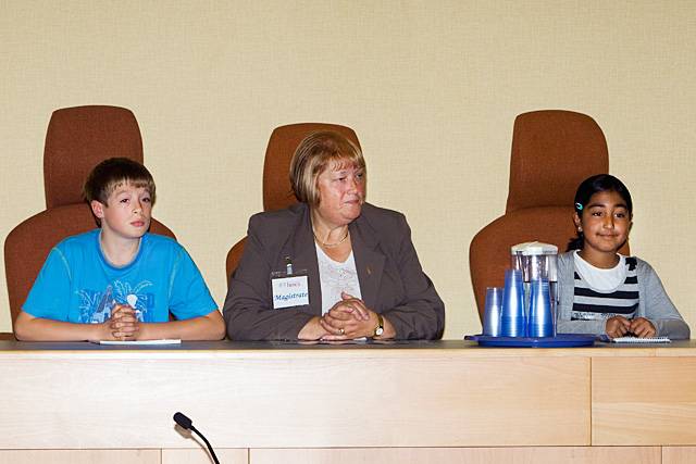 Members of the audience assist as 'magistrates' druing a mock trial at Rochdale Magistrates Court