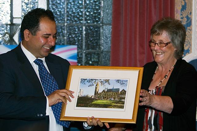 Rochdale and Heywood and Middleton Conservative Associations Annual Dinner - Susan Pawson presnets Sajjid Karim with a framed picture of Rochdale Town Hall