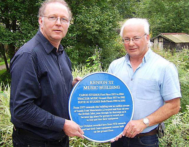 Putting Rochdale music on the map:  Chris Hewitt (left) John Brierley (right) return to the place it all began in 1977 – the Kenion Street music building in Rochdale which will be honoured with a blue plaque next week.