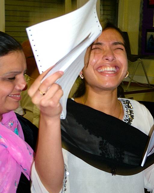 Hina Rehmatullah realises she has passed her English GCSE along with 9 other good passes. Hina came from Pakistan in year 8 speaking very little English