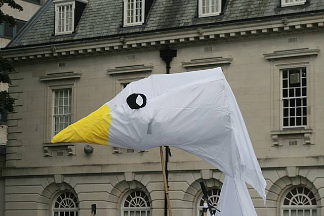 A peace dove flying at the memorial gardens.