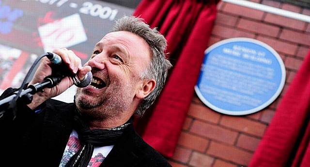 Peter Hook at the unveiling of the blue plaque at the Kenion Street Music Building.