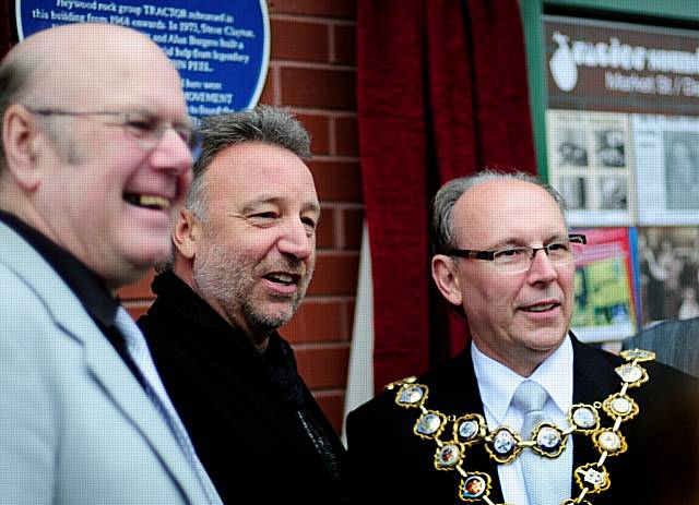 Peter Hook with Rochdale's Mayor Councillor Keith Swift at the unveiling of the blue plaque at the former Tractor music studio.