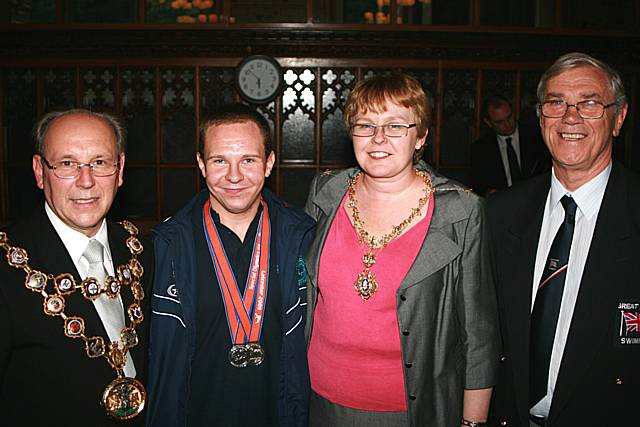 Rochdale Mayor Councillor Keith Swift and Mayoress Sue Etchells with Jamie Kelly and Aquabears coach David Crouch.