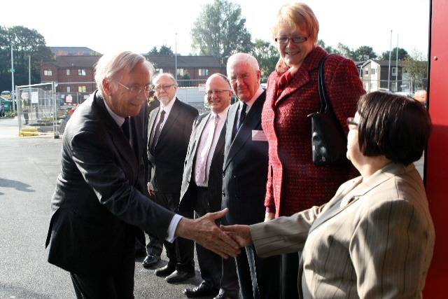 The Duke of Gloucester being greeted by Councillor Susan Emmott at the Heywood Sports Village