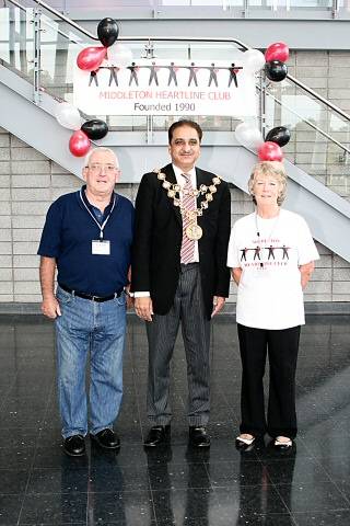 The Chairman of Heartline, Peter Downing with the Mayor of Rochdale and Heartline's ladies rep, Val Screeton at the 20th birthday celebrations in October