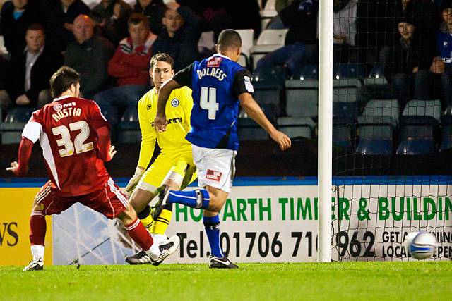 Rochdale 3 - 3 Swindon Town<br />Charlie Austin smashes the ball off the underside of the crossbar to level the scores with Josh Lillis just a spectator