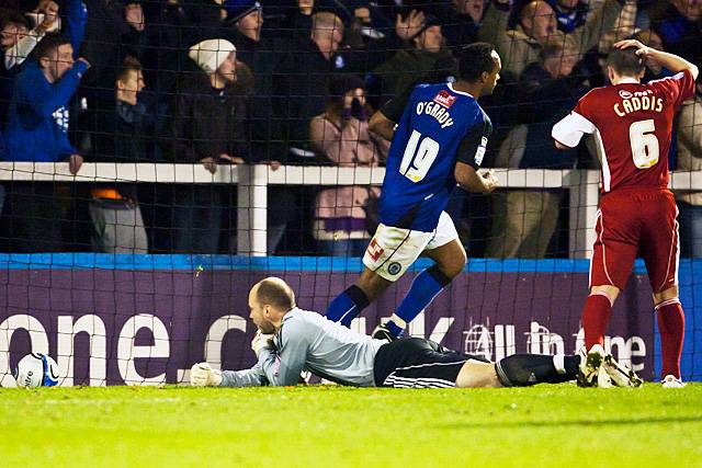 Rochdale 3 - 3 Swindon Town<br />With Gary Jones shot having beaten David Lucas for a late equaliser, Chris O'Grady reels away as Paul Caddis holds his head in despair