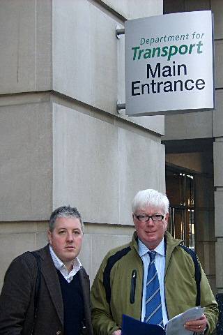 Dale Mulgrew and Paul Rowen outside the Department of Transport in Westminster