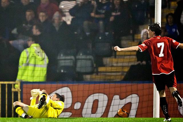 Rochdale v FC United of Manchester - Carlos Roca celebrates as he sees Jake Cotterell's  superbly struck shot beat Josh Lillis