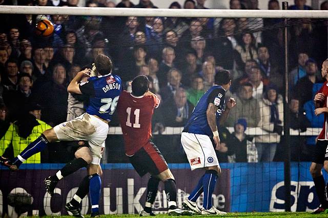 Rochdale v FC United of Manchester - Craig Dawson's header hits the back of the FCUM net to level the score