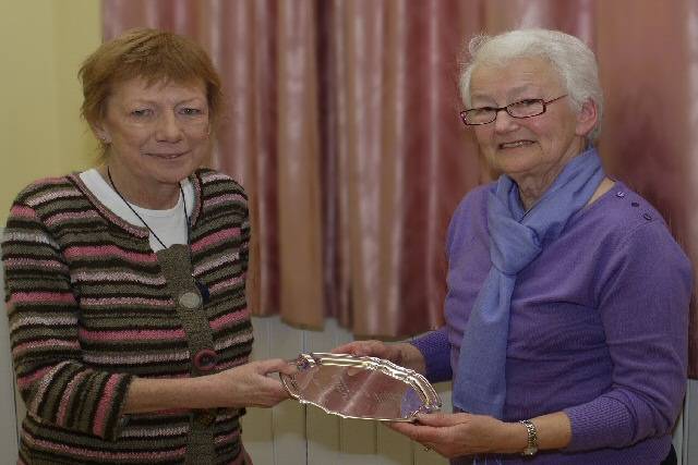 Pat King (left) awards Rochdale Artists' Founders Plate to Gay Wilshire
