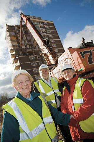 Mary Jepson sees demolition get underway, with local Councillors, Terry Linden and Lil Murphy