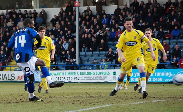 Temitope Obadeyi puts Rochdale ahead.