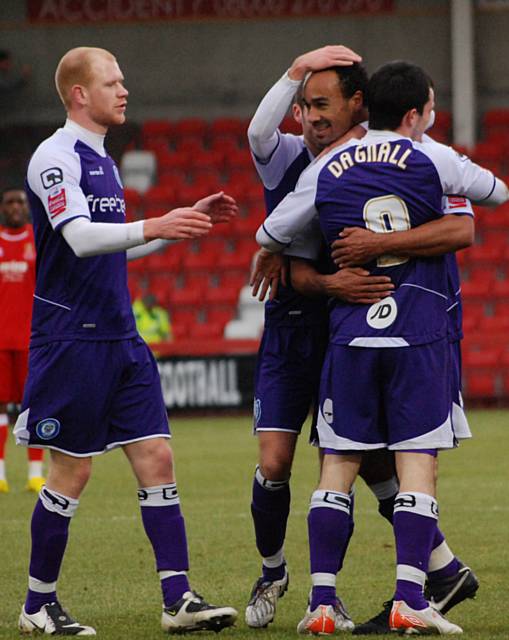 O'Grady celebrates his first goal since signing from Oldham.