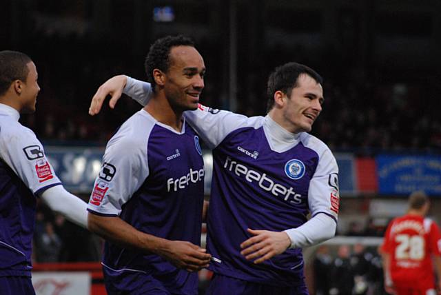 Dagnall celebrates with O'Grady after his second goal doubles Dale's lead.