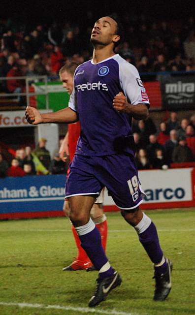 O'Grady celebrates after hitting his first hat-trick in Rochdale colours.