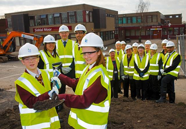 Holding the spade are Jack Wilcock and Melissa Rob from year 7. Behind are Head Girl Laila Bouassab and Head Boy Ali Afzal and Headteacher Steve Britton.
