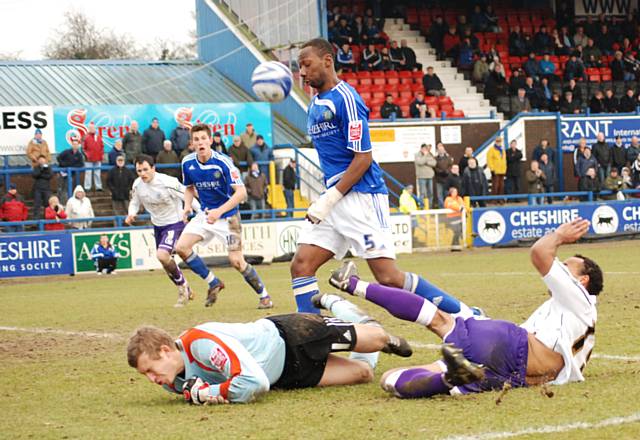 O'Grady's shot hits Brown's chest on its way to goal.