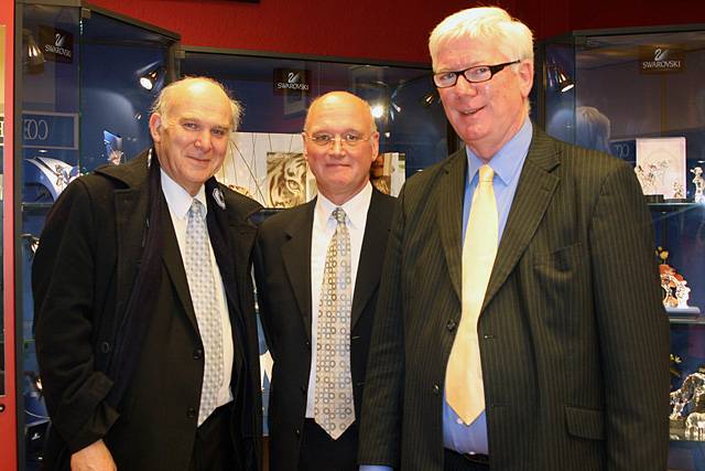 Shadow Chancellor of the Exchequer Vince Cable with Drake Street business owner Ian Sandiford of Sandiford Fine Gifts & Jewellery Rochdale MP Paul Rowen