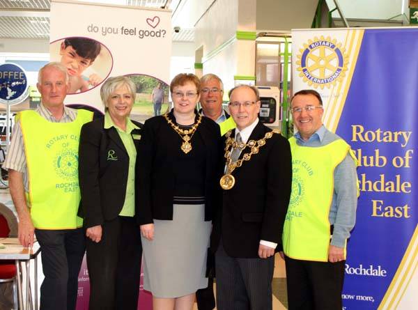 The Mayor and Mayoress of Rochdale with the Rotary Club of Rochdale East and Margaret Cigna of the Rochdale Exchange