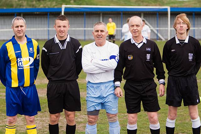 C Potts Cup Final - Captains Stephen Wilkinson and Andrew Douglas with Match Officials Josh Blakeley, Liam Browne and Matthew Bromfield