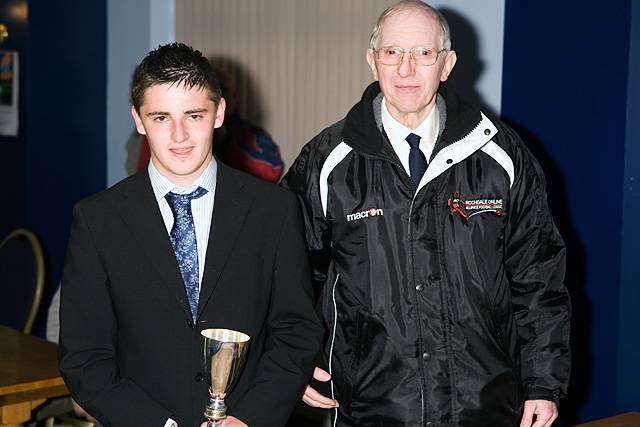 Man of the Match Sam Lee presented with his trophy by Rochdale Online Alliance Football League President John Culshaw
C Potts Cup Final - Sun Hotel versus Castleton 