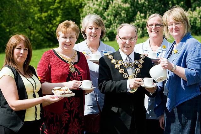 Marie Curie Cancer Care - Blooming Great Tea Party. Diane Page, Mayoress Sue Etchells, Marie Curie nurse Helen Ashworth, Mayor Keith Swift, Marie Curie nurse Lynne West and Marie Curie Support Group vice chairwoman Christine Morgan