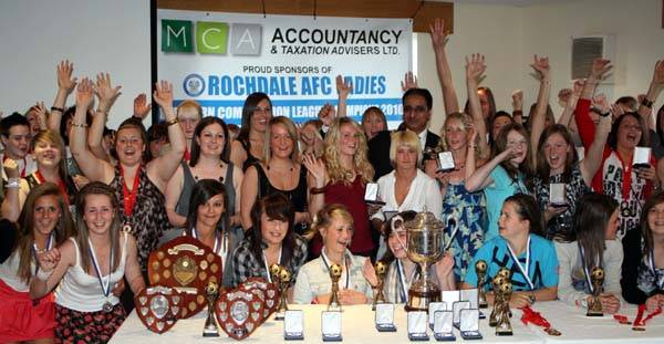 All of the Rochdale AFC Ladies teams celebrate with the Mayor of Rochdale, Councillor Zulifqar Ali