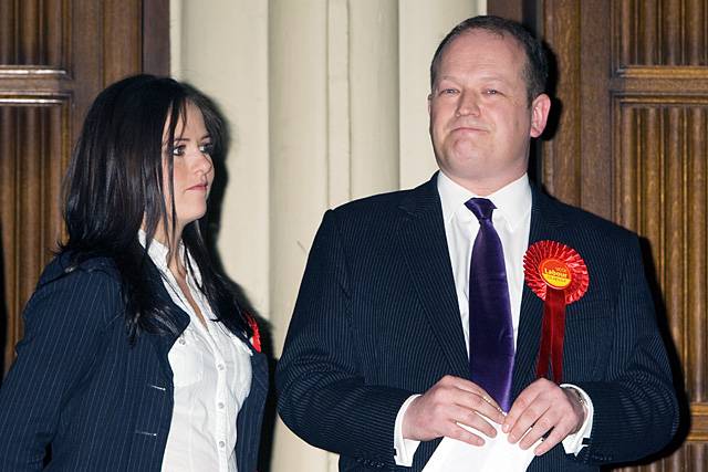 Simon Danczuk with his partner Karen Burke as his victorious result is declared