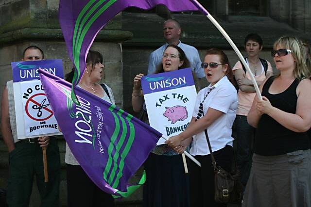 Protesters outside Rochdale Town Hall