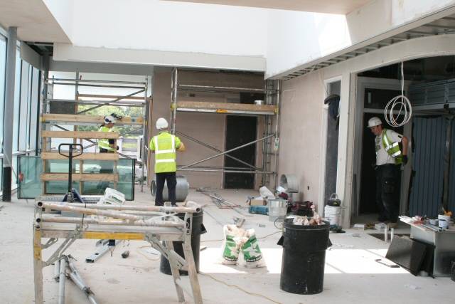 The final building work is being carried out, this room will house a Starbucks coffee shop with a roof terrace