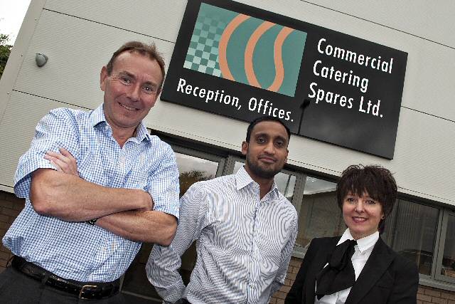 Jonathan Booth from Commercial Catering Spares is joined by Julie Evans, Business Development Manager for the RDA, and Dewan Choudhury from Rochdale Borough Council’s Employment Links Partnership at the new base at Axis Point 
