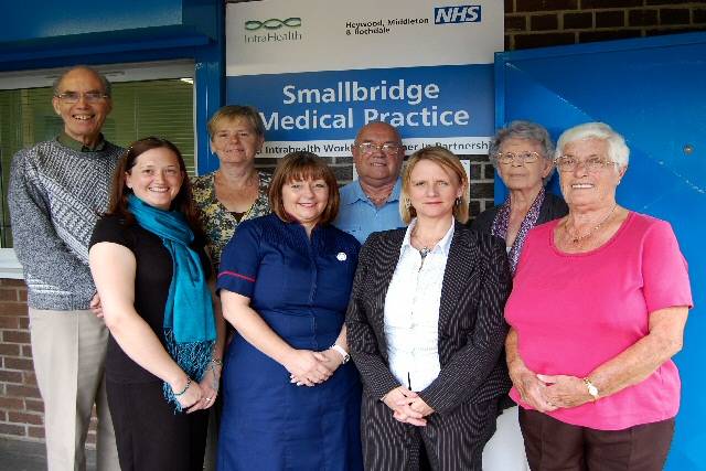 Front row: Volunteer course tutor, Rachel Fitton, Practice Nurse, Valerie Mills, Practice Manager, Diane Cohoon, Patient, Beryl John. Back row: Volunteer course tutor, John Reed, Patient, Muriel White, Patient, Paul Ridgway and Patient, Kathleen Millington
