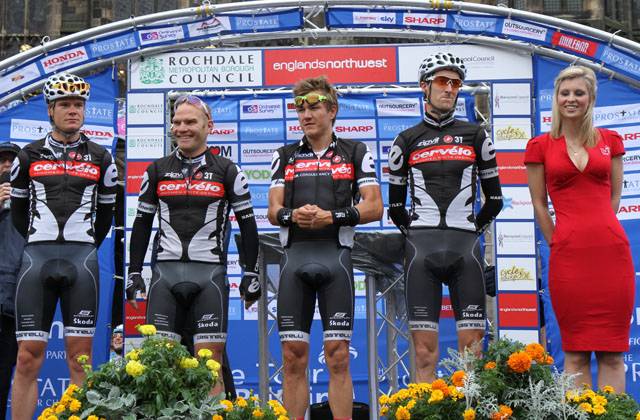 Team Cervelo riders on the start podium