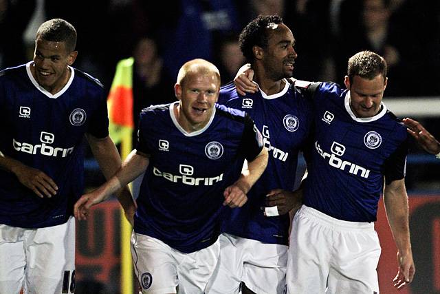 Rochdale 3 - 0 Huddersfield<br>Josh Thompson, Jason Kennedy, Chris O'Grady and Matthew Done celebrate Kennedy's opening goal for Dale