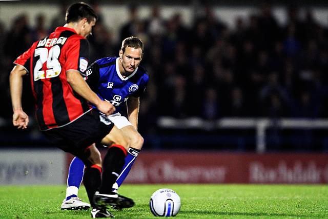 Rochdale 3 - 0 Huddersfield<br>Matthew Done watches intently as Liam Ridehalgh plays the ball