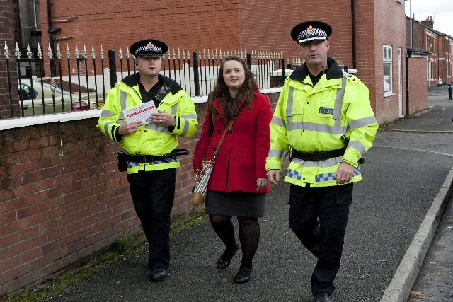 Inspector Steve Clarke, Rochdale Online reporter Laura Wild and Chief Superintendent John O'Hare