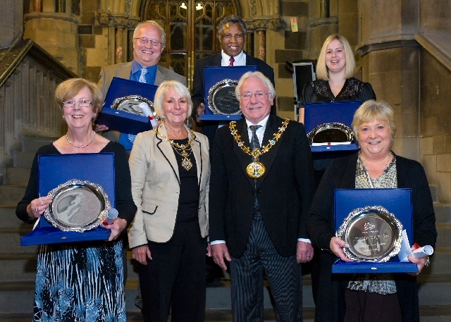 The Mayor and Mayoress with winners, from left to right – Ann Hope, Barry Windle, Dr Robert Namushi, Zoe Nichol, Norma Taylor.
