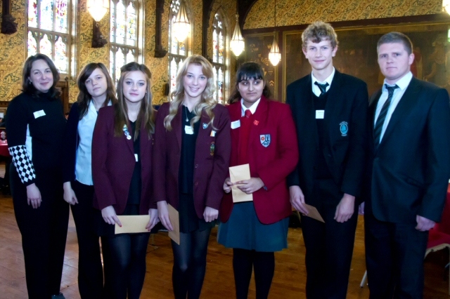 The winning team with their mentor Victoria Brierley and Chair of the Dragon's panel Gavin Reynolds