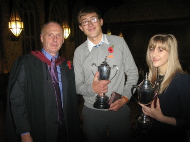 Headteacher Dr Graham Wright with Alex Johnston and Helen Rose who won the Victor and Victress Loudorem award