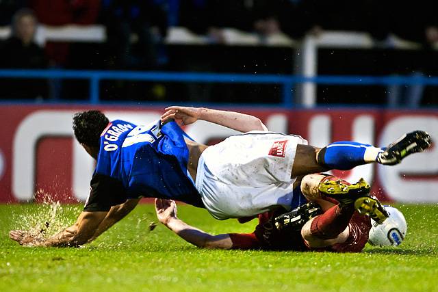 Rochdale 1 - 1 Leyton Orient<br \>Chris O'Grady floored by another sliding tackle