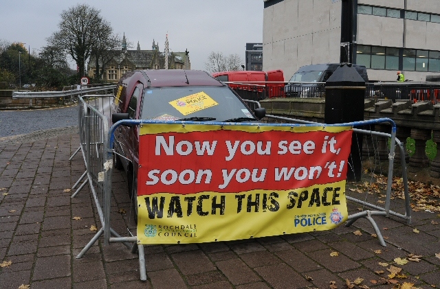 The van on display outside Rochdale Police Station