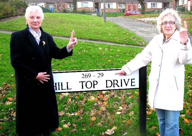 Councillor Pat Colclough with Hill Top Drive resident Lilian Buckley

 

