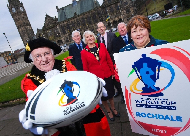 The Mayor of Rochdale celebrates the announcement with Louise Spencer, Chief Executive of Rochdale Hornets. (Left to right: Chair of Link4Life Brian Ashworth, Mayoress Gillian Brown, Council Leader Colin Lambert, John Patterson, Executive Director, Rochdale Borough Council.