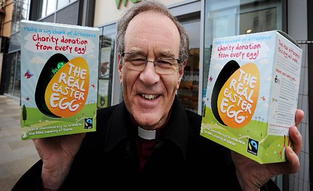 The Rt Revd, Nigel McCulloch, Bishop of Manchester with the Real Easter Egg
