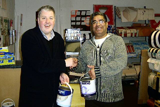 Councillor Dale Mulgrew with Mr Khan of Zeb Painting and Decorating Supplies